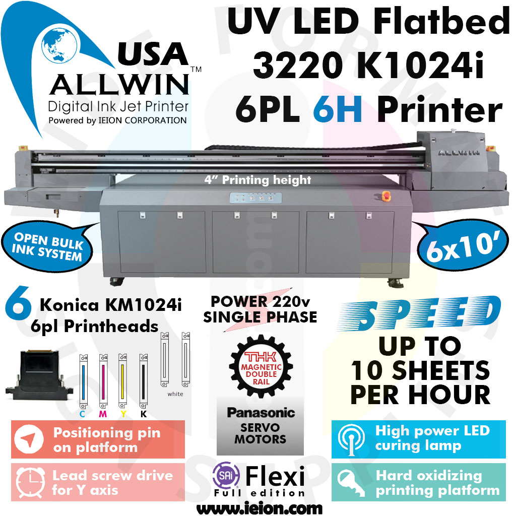 Allwin UV LED Flatbed 3220 K1024i 6PL 6H Printer
