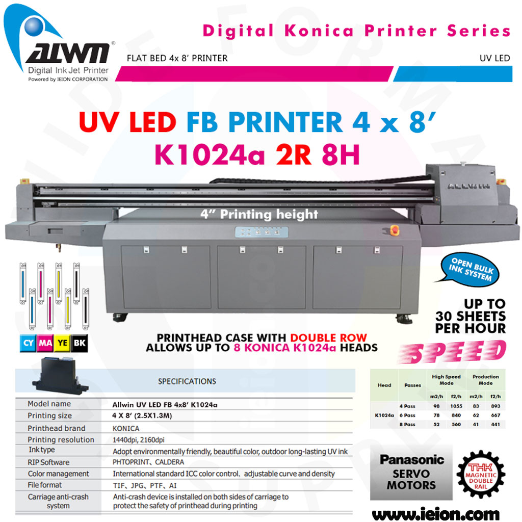 Allwin UV LED FB Printer 4x8' K1024a 2R 8H