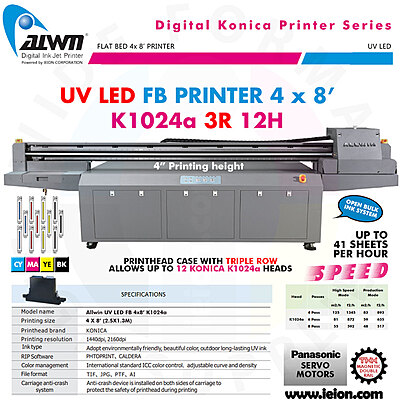 Allwin UV LED FB Printer 4x8' K1024a 3R 12H