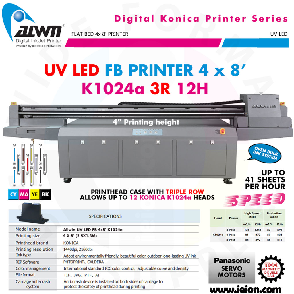 Allwin UV LED FB Printer 4x8' K1024a 3R 12H