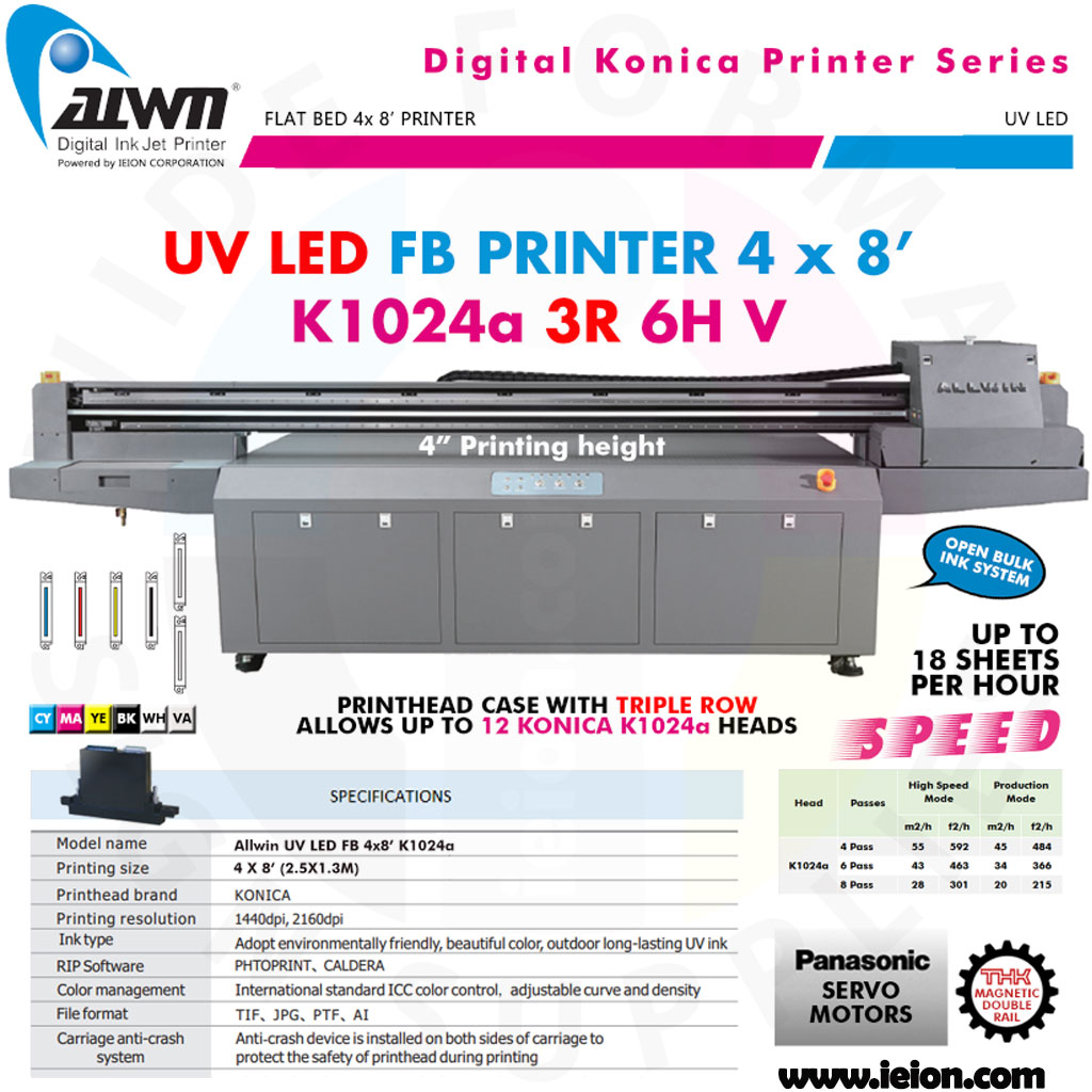Allwin UV LED FB Printer 4x8' K1024a 3R 6H V