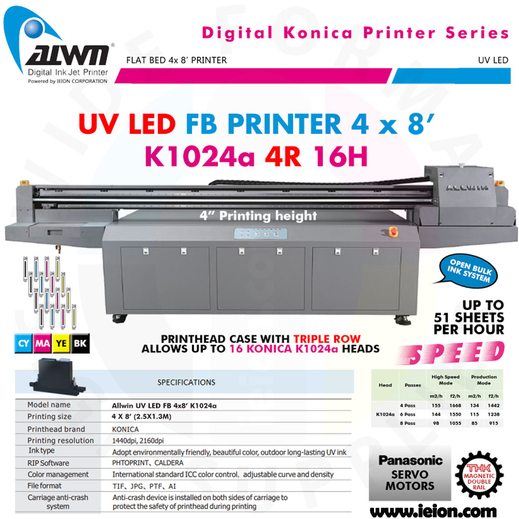 Allwin UV LED FB Printer 4x8' K1024a 4R 16H