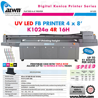 Allwin UV LED FB Printer 4x8' K1024a 4R 16H